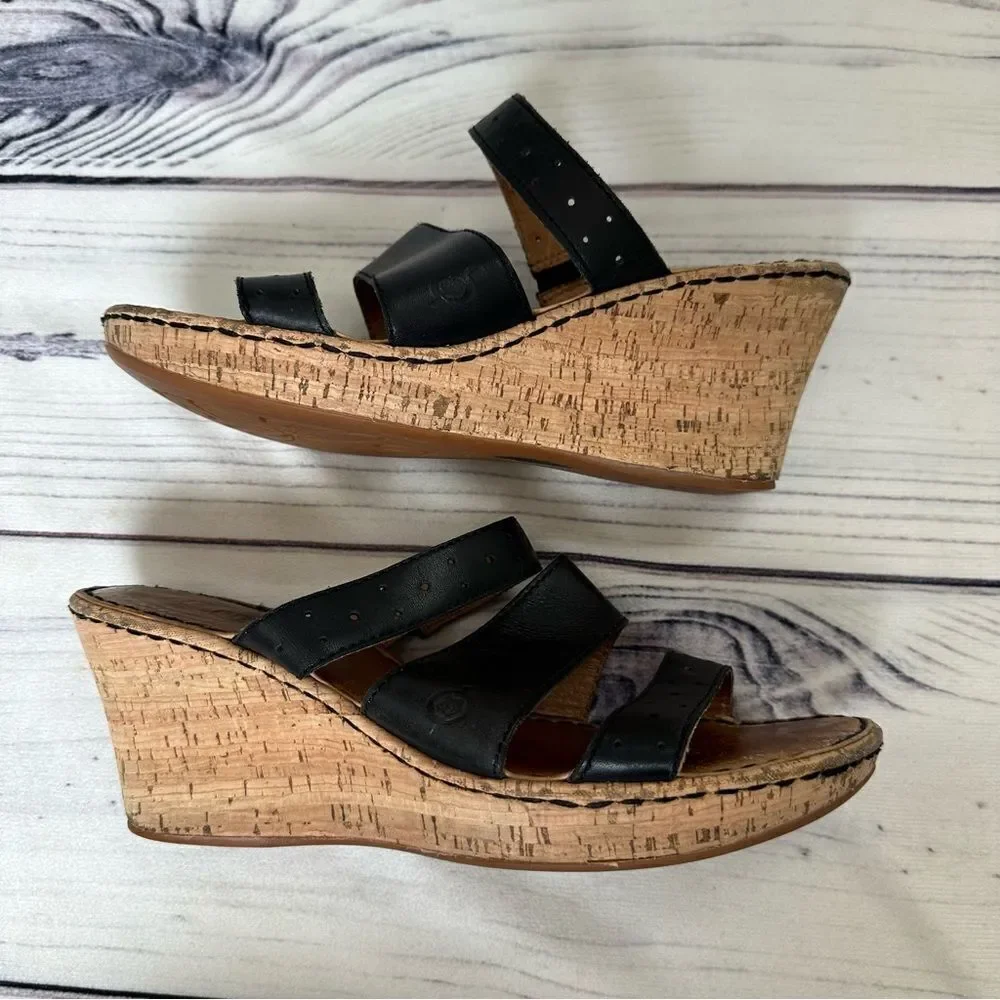 BORN Cork 3” Wedge Heel Strappy‎ Slip-On Black Leather Sandals Sz 10 Platform